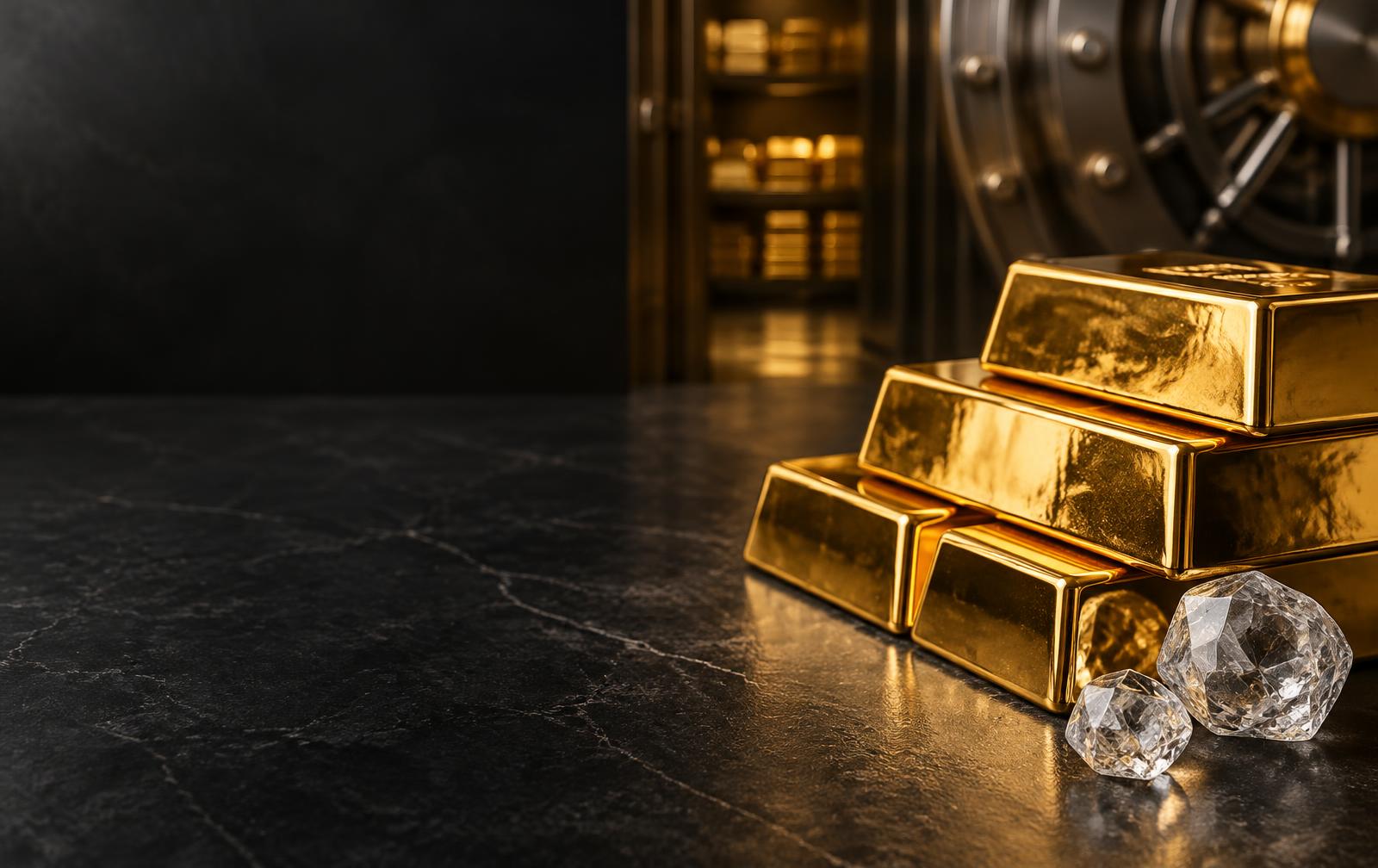 Gold bars and diamonds in a secure vault